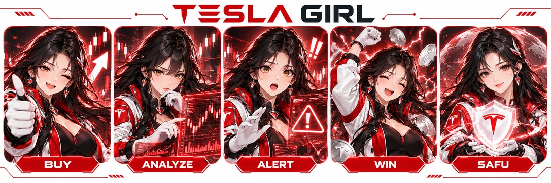 Tesla Girl illustrated technology and market exploration scenes with English captions